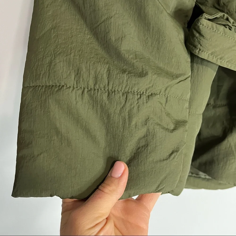 25) NWT BLANK NYC Olive Green & Cream Hooded Quilted Tie Waist Puffer Jacket MED - Picture 4 of 14